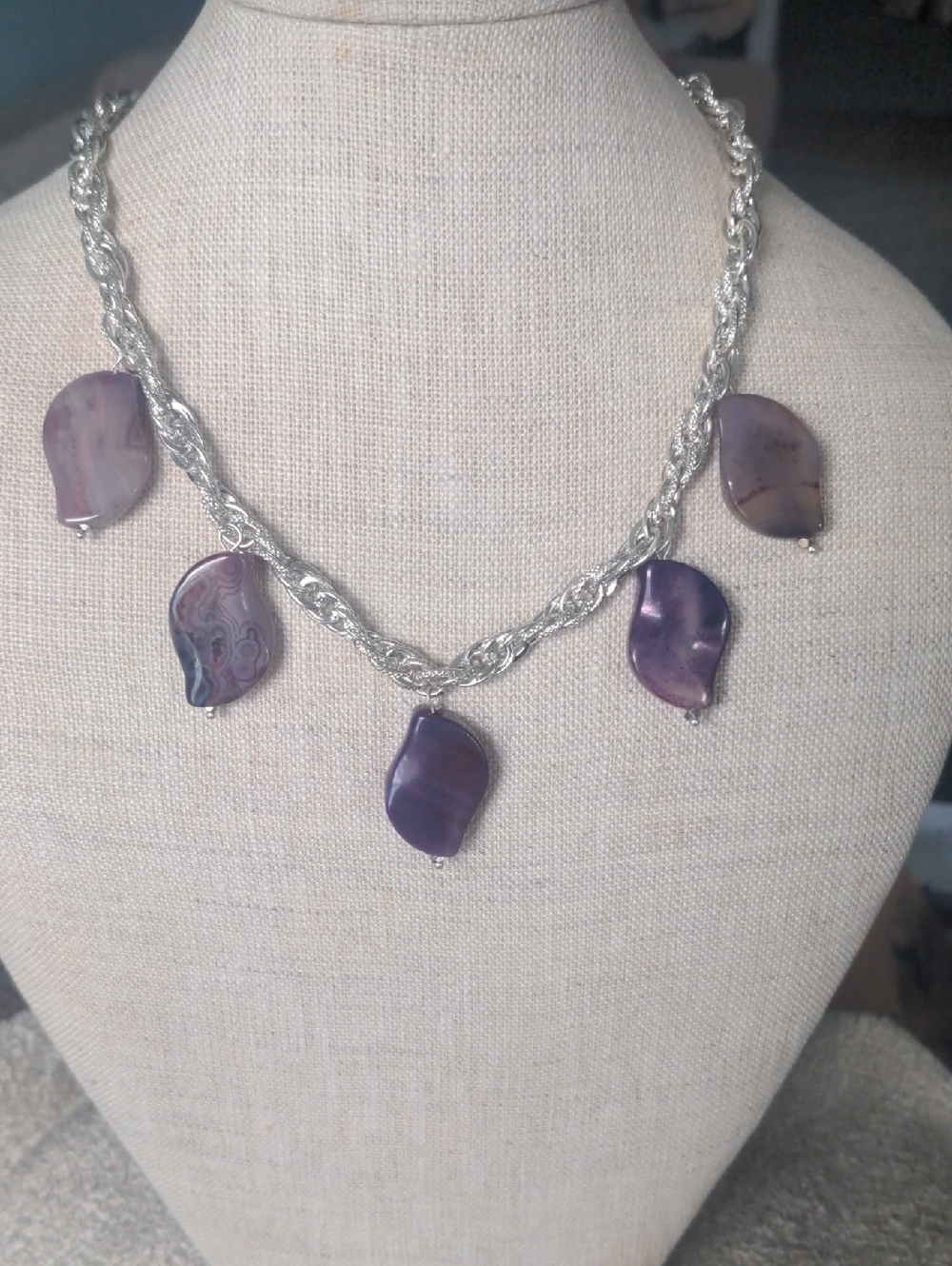 New Purple Agate Necklace, Choker , Braided Silver Chain, Genuine, 16"+3",
